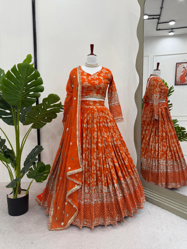 Beautiful Orange Color Jacquard And Thread With Sequence Work Designer Lehenga Choli