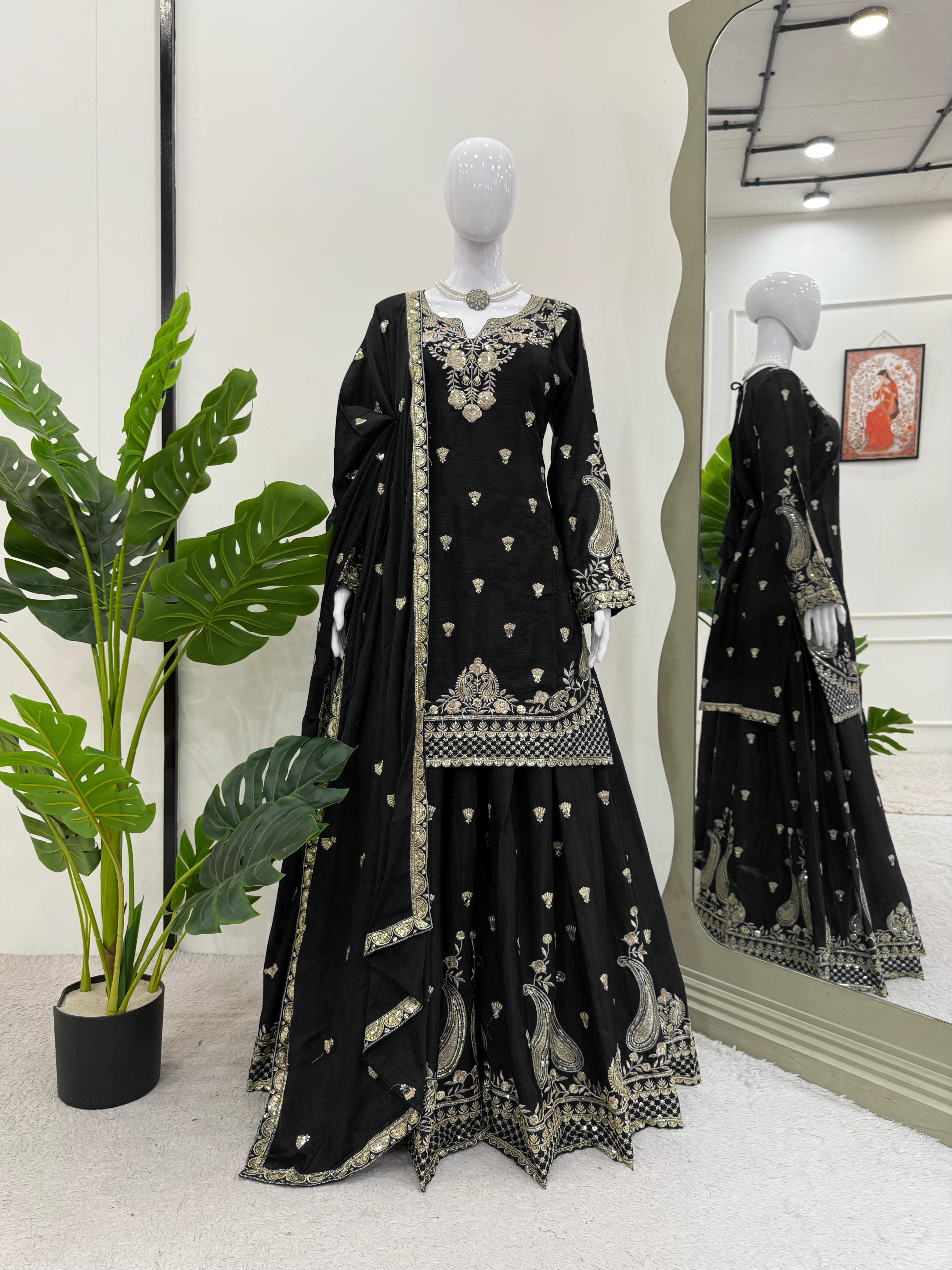 Luxuriant Black Color Chinon Silk And Thread With Sequence Work Palazzo Suit