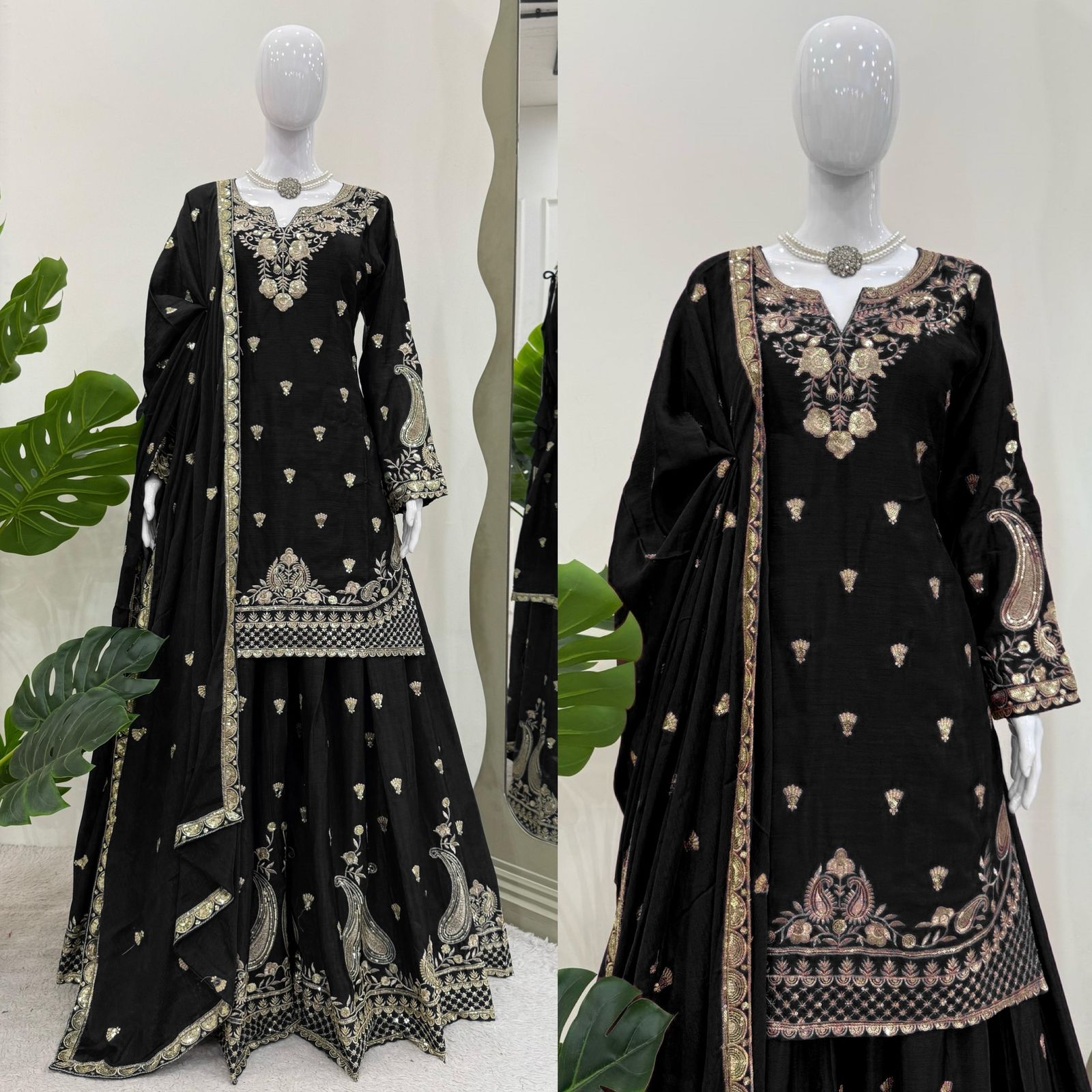 Luxuriant Black Color Chinon Silk And Thread With Sequence Work Palazzo Suit