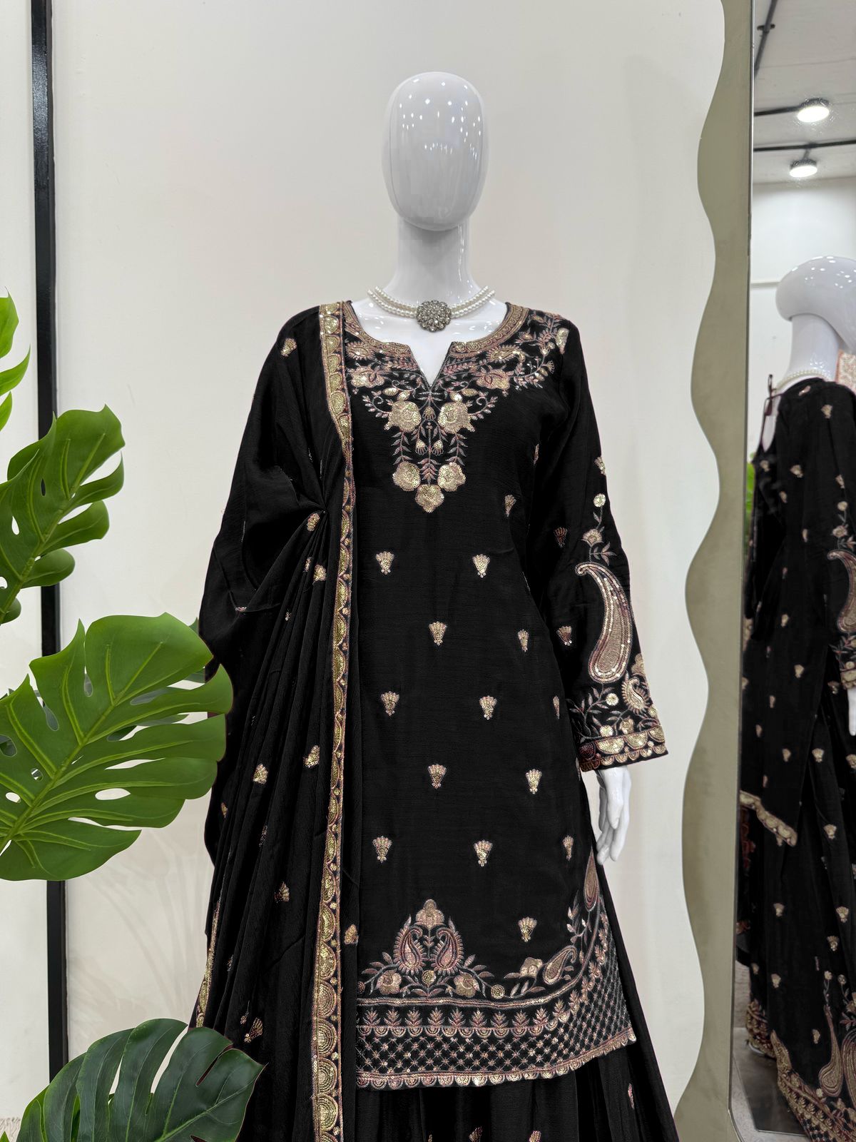 Luxuriant Black Color Chinon Silk And Thread With Sequence Work Palazzo Suit