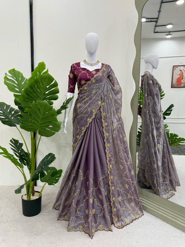 Ceremony Wear Purple Color Heavy Jimmy Chu And Thread With Sequence Work Saree