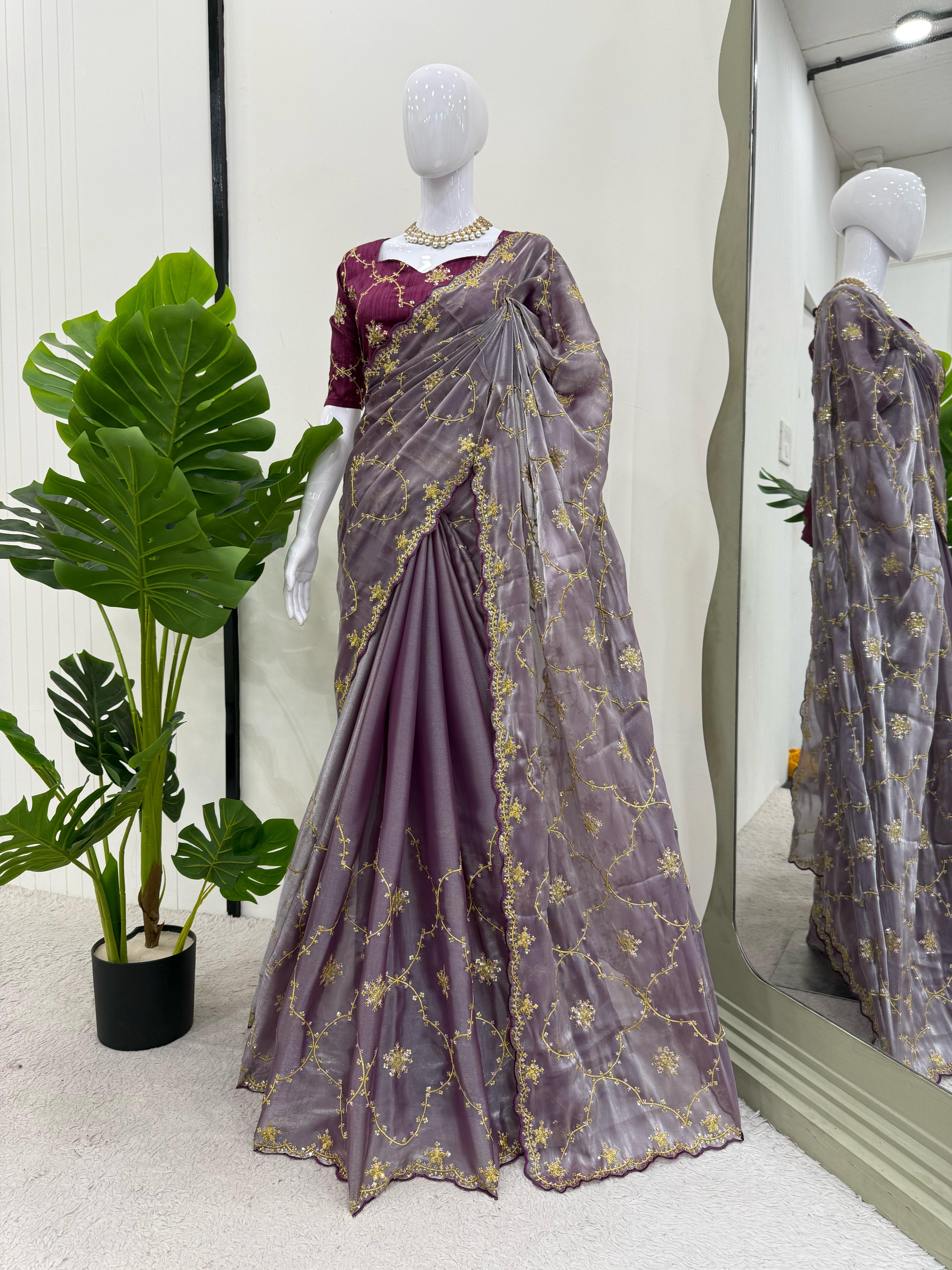 Ceremony Wear Purple Color Heavy Jimmy Chu And Thread With Sequence Work Saree