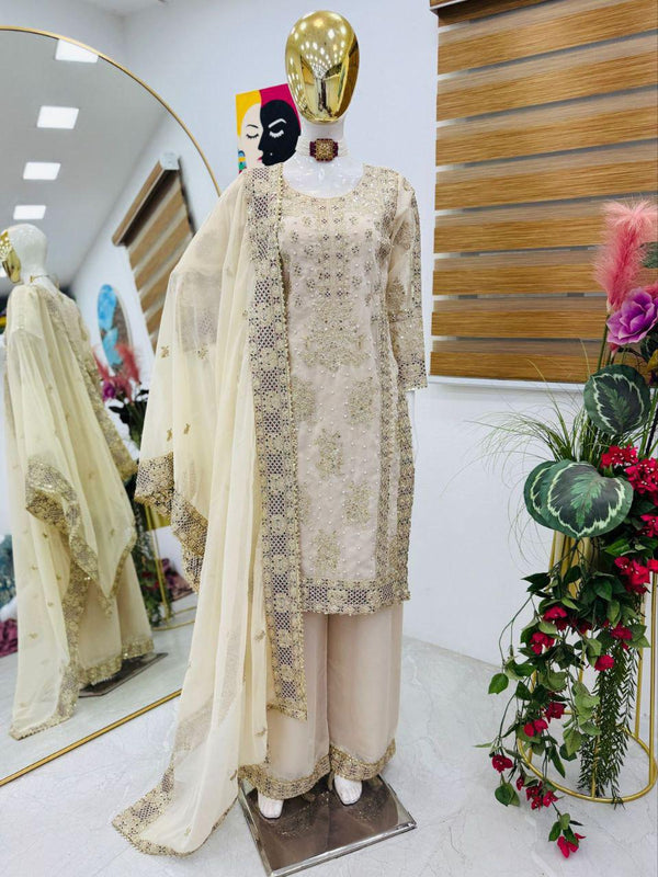 Ceremony Wear Cream Color Heavy Fox Georgette With Codding Sequence Embroidery Work Salwar Suit