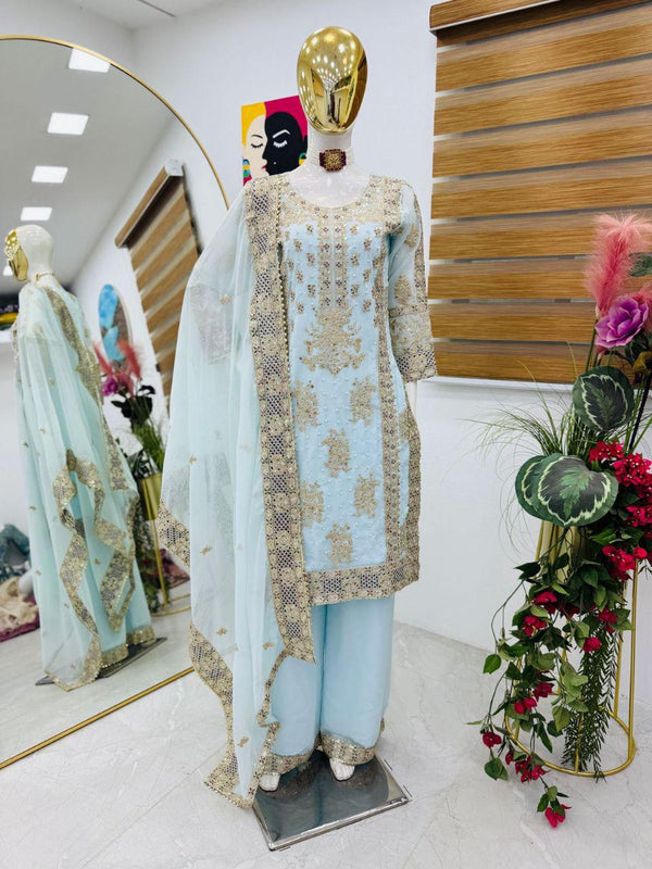 Ceremony Wear Sky Blue Color Heavy Fox Georgette With Codding Sequence Embroidery Work Salwar Suit