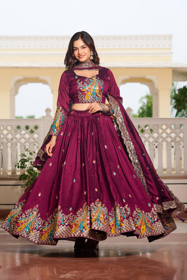Traditional Wear Wine Color Pure Vichitra Embroidery With Sequence And Thread Work Lehenga Choli