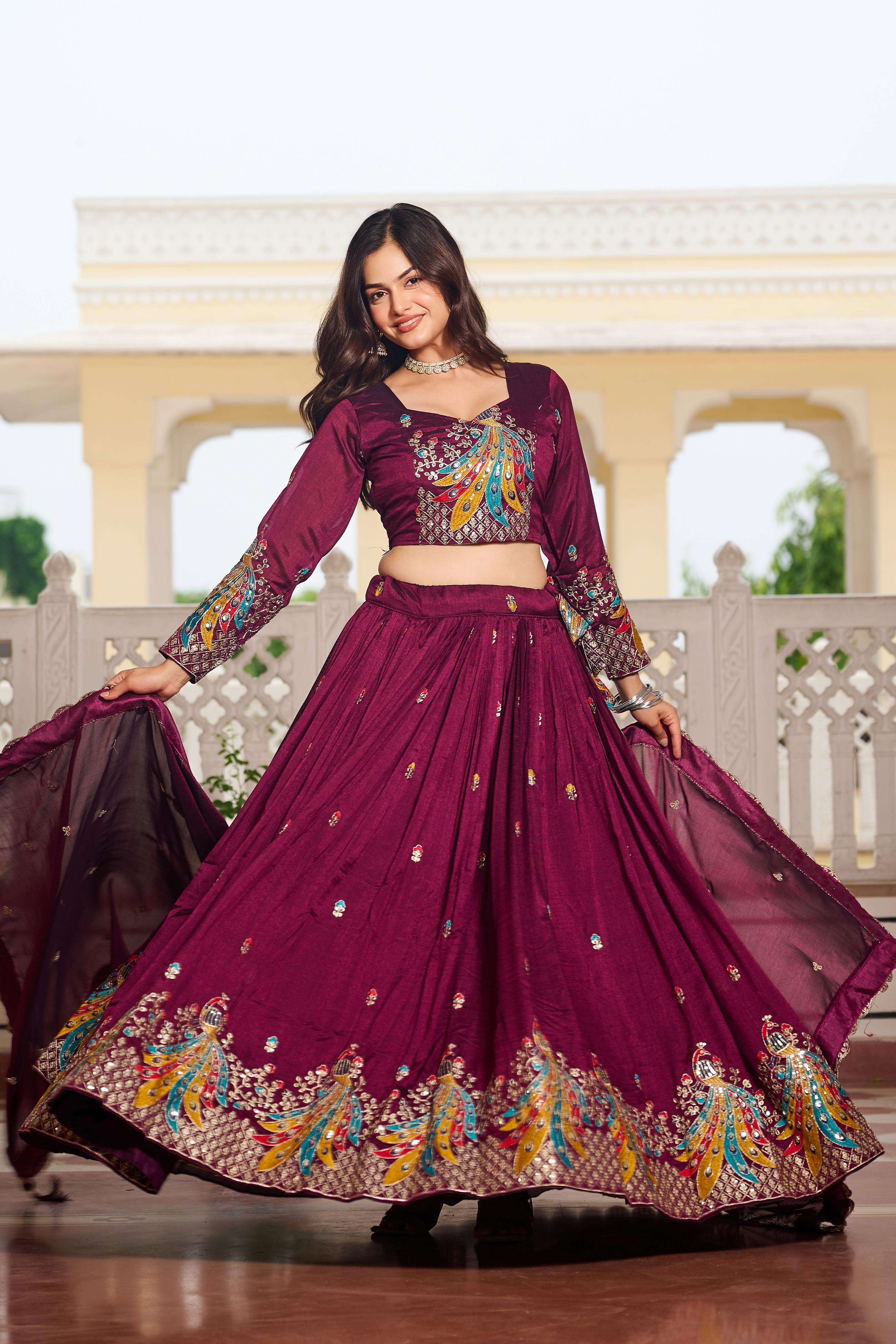 Traditional Wear Wine Color Pure Vichitra Embroidery With Sequence And Thread Work Lehenga Choli