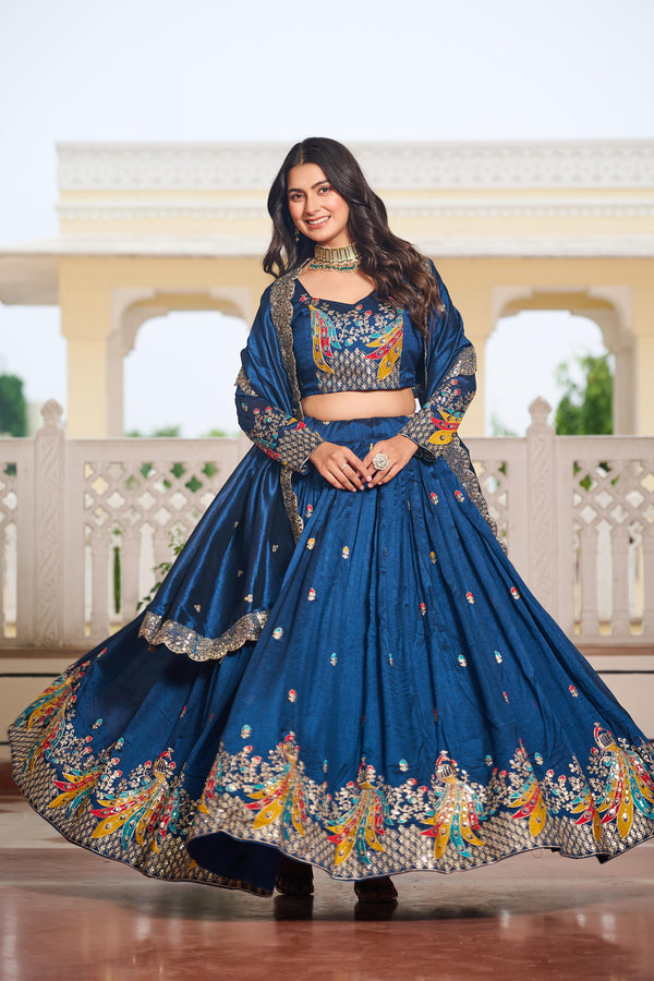 Traditional Wear Teal Blue Color Pure Vichitra Embroidery With Sequence And Thread Work Lehenga Choli