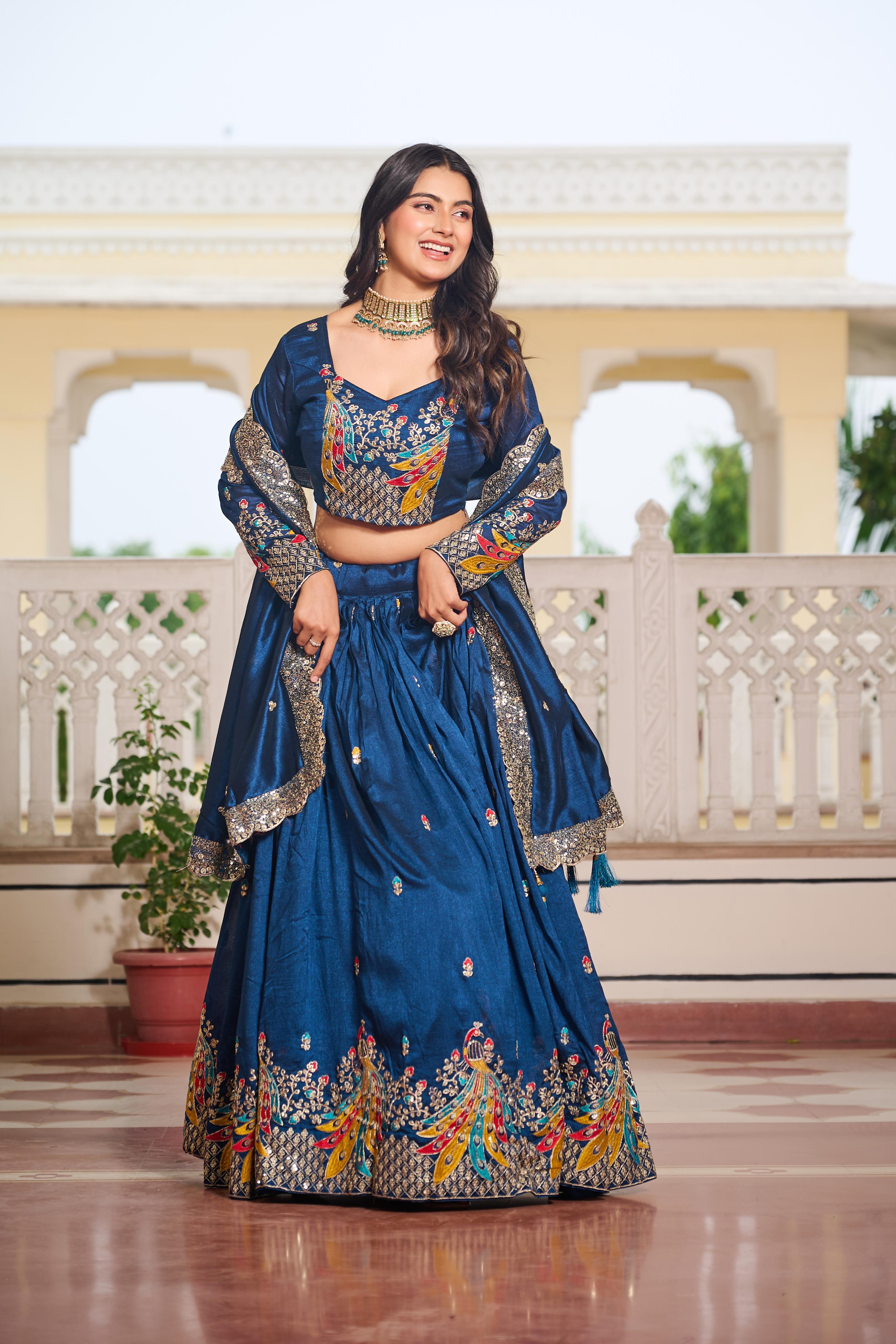 Traditional Wear Teal Blue Color Pure Vichitra Embroidery With Sequence And Thread Work Lehenga Choli