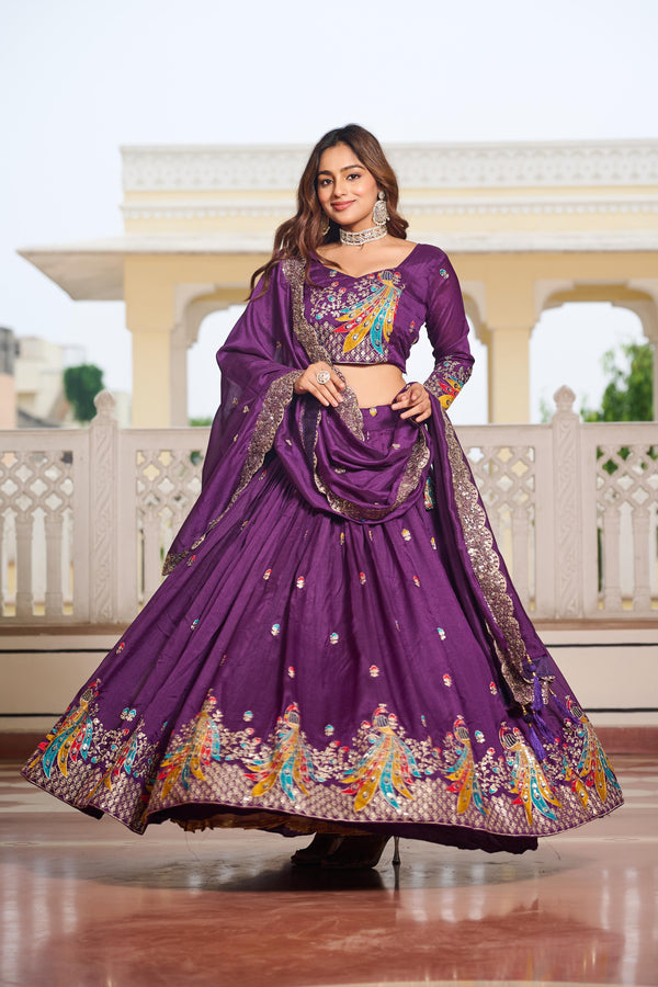 Traditional Wear Lavender Color Pure Vichitra Embroidery With Sequence And Thread Work Lehenga Choli