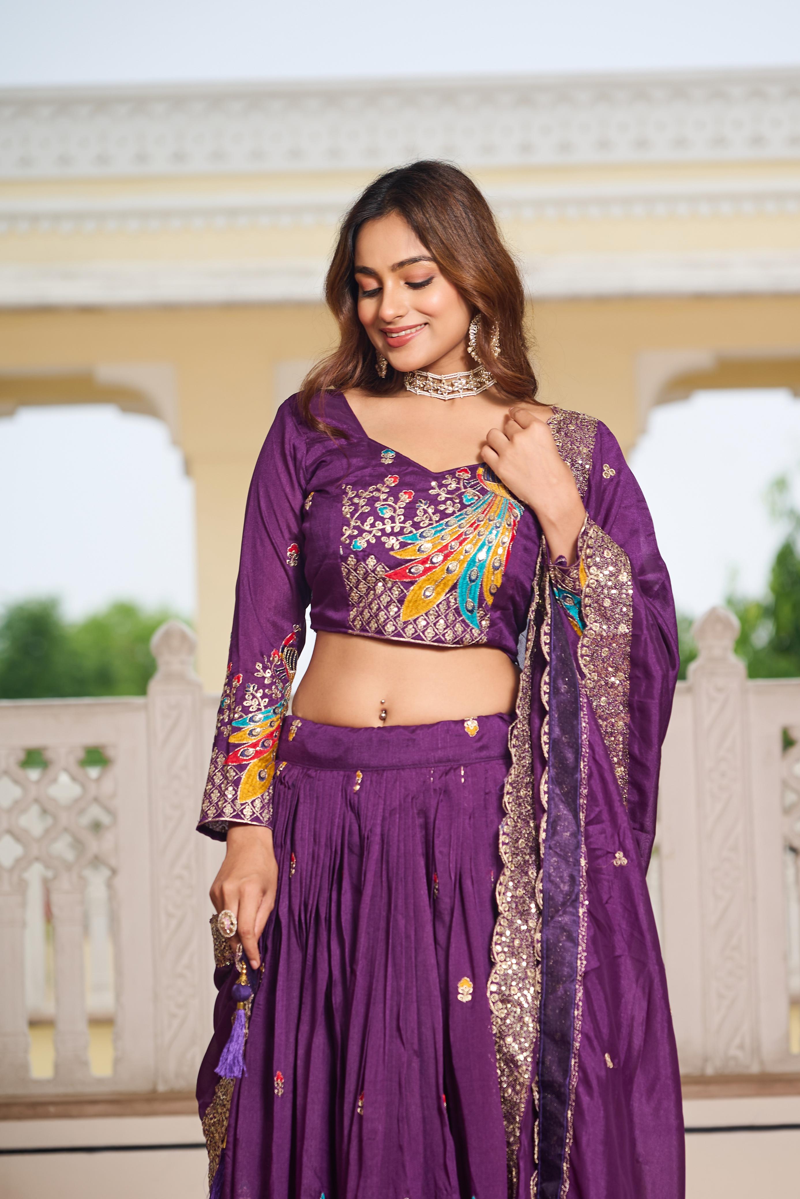 Traditional Wear Lavender Color Pure Vichitra Embroidery With Sequence And Thread Work Lehenga Choli