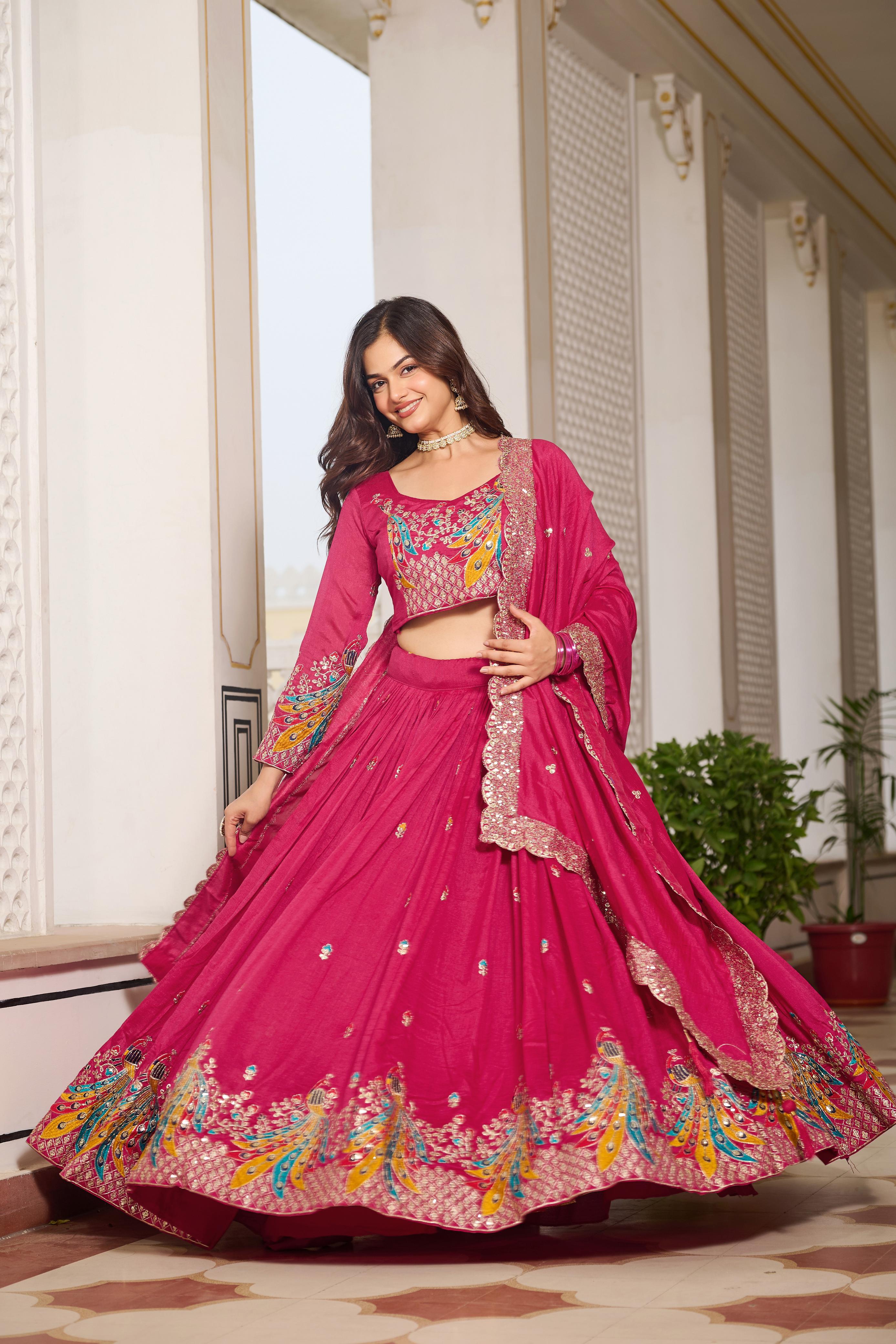 Traditional Wear Pink Color Pure Vichitra Embroidery With Sequence And Thread Work Lehenga Choli
