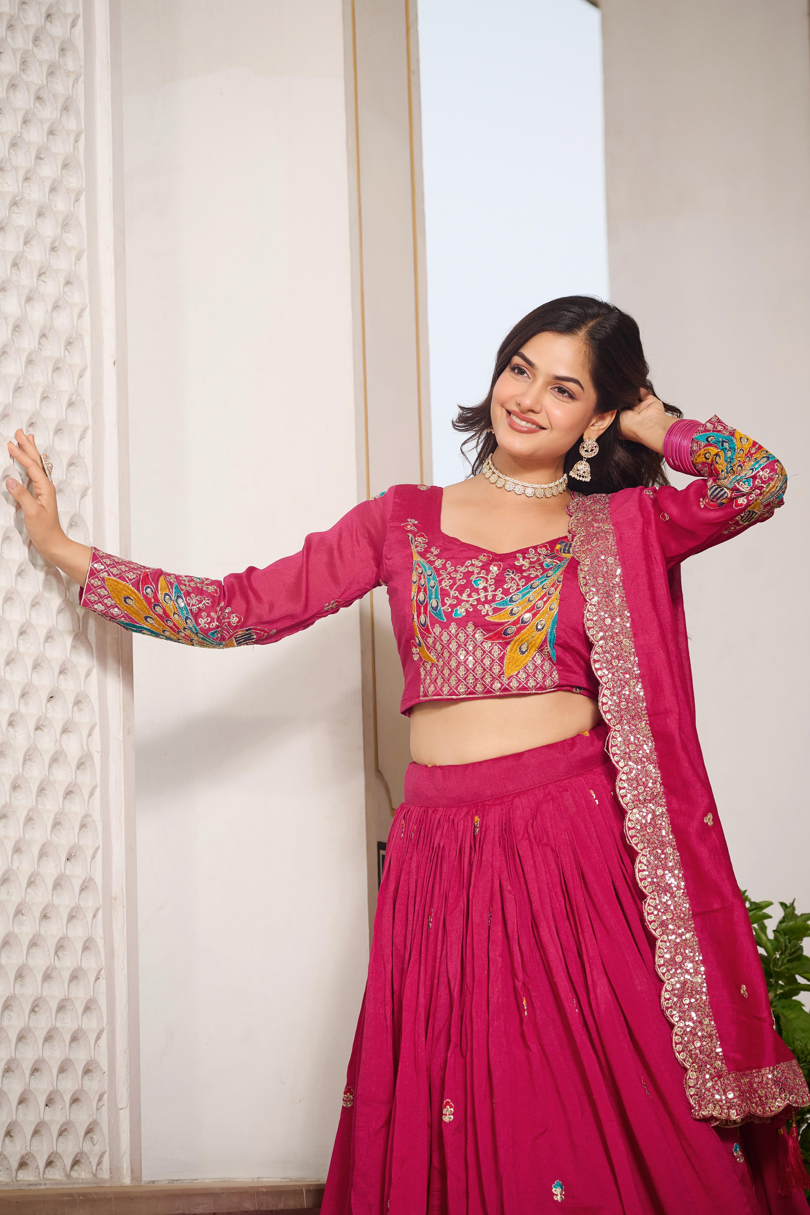 Traditional Wear Pink Color Pure Vichitra Embroidery With Sequence And Thread Work Lehenga Choli