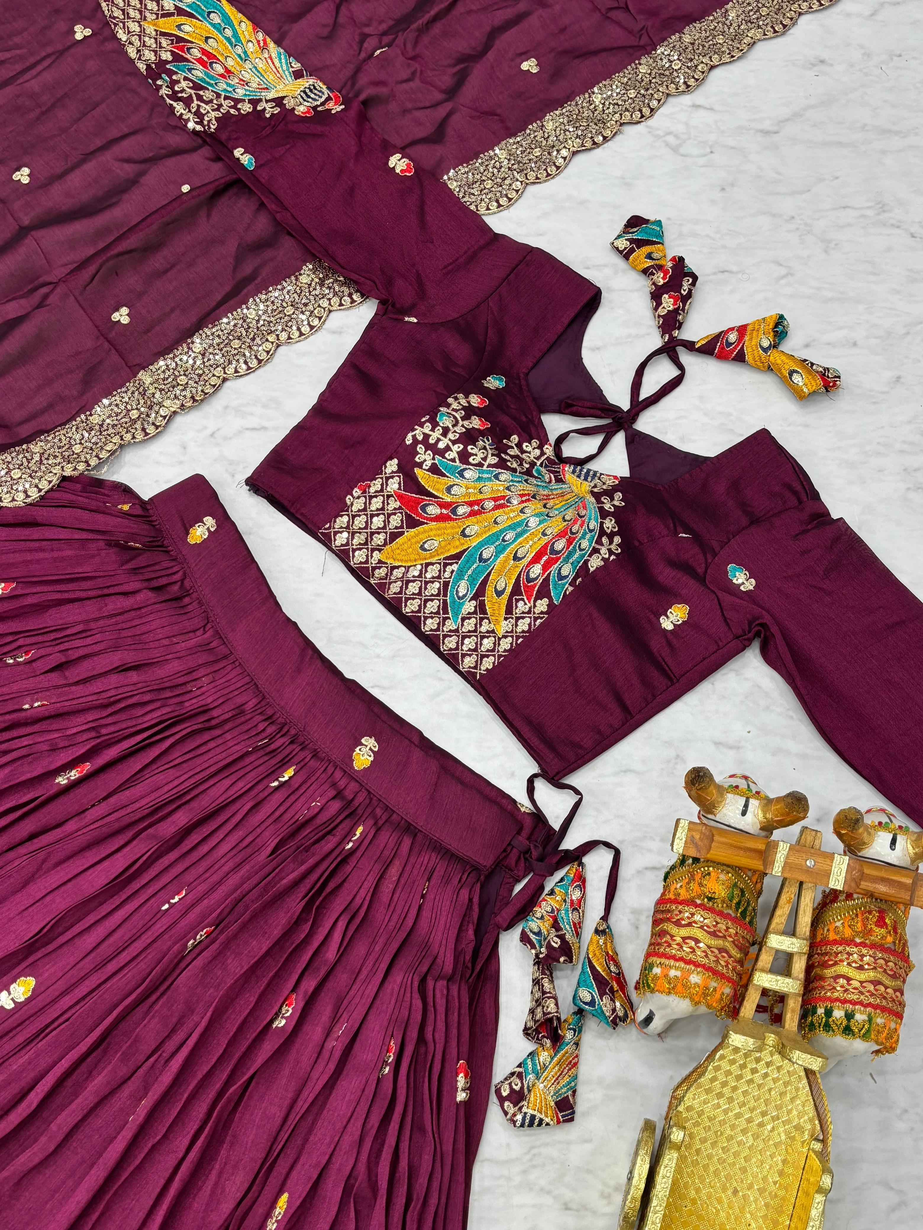 Traditional Wear Wine Color Pure Vichitra Embroidery With Sequence And Thread Work Lehenga Choli