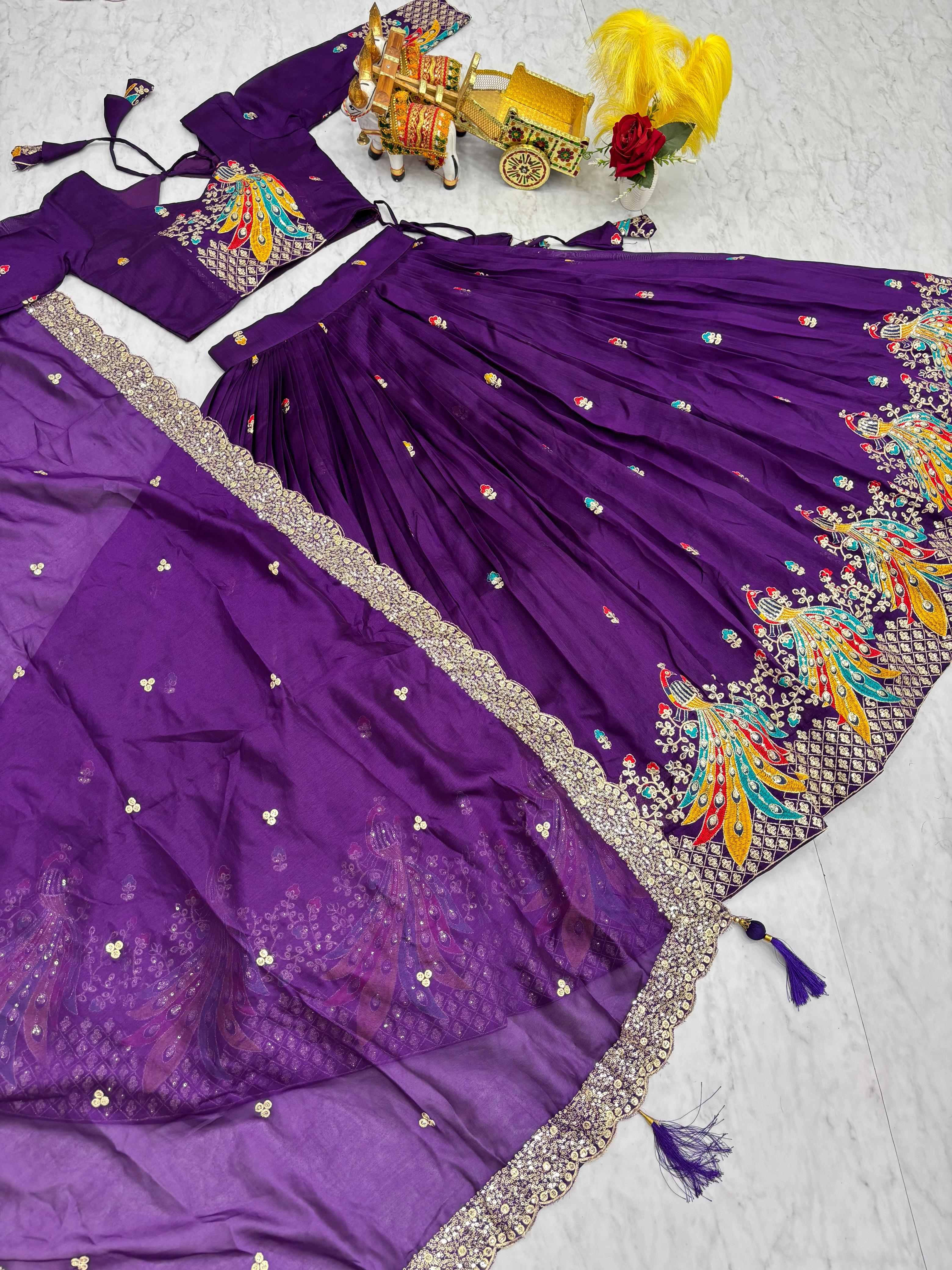 Traditional Wear Lavender Color Pure Vichitra Embroidery With Sequence And Thread Work Lehenga Choli