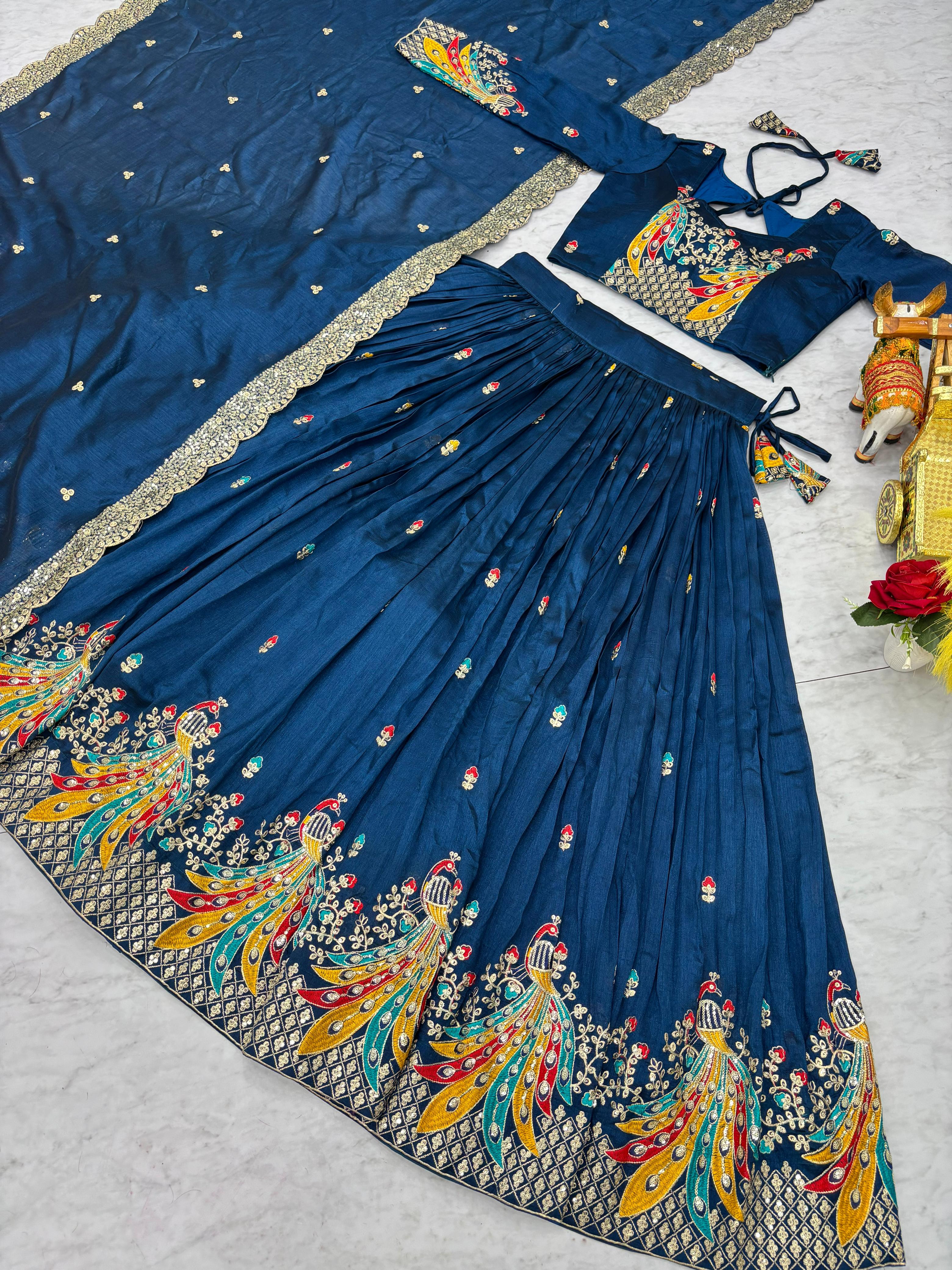 Traditional Wear Teal Blue Color Pure Vichitra Embroidery With Sequence And Thread Work Lehenga Choli