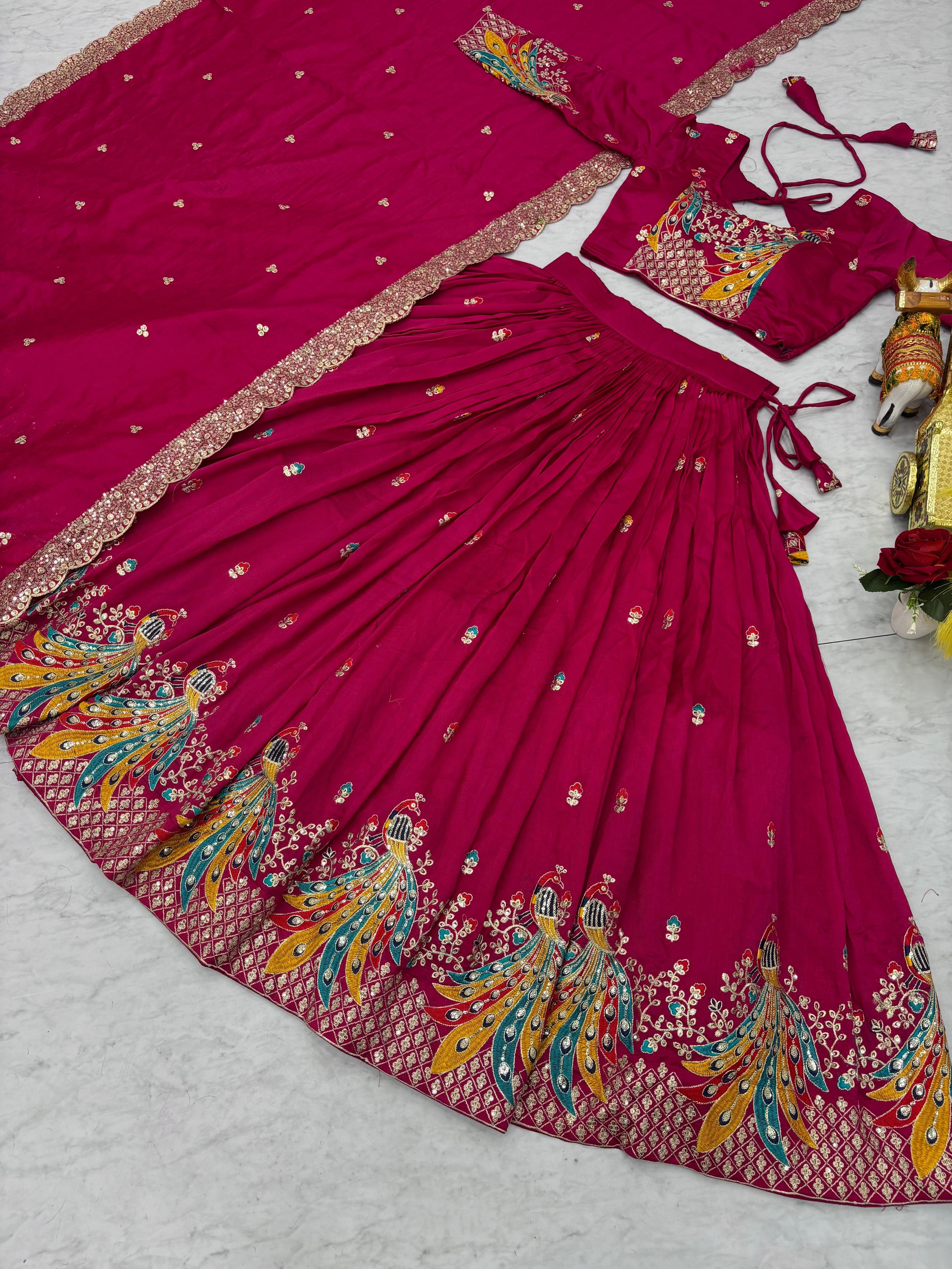 Traditional Wear Pink Color Pure Vichitra Embroidery With Sequence And Thread Work Lehenga Choli
