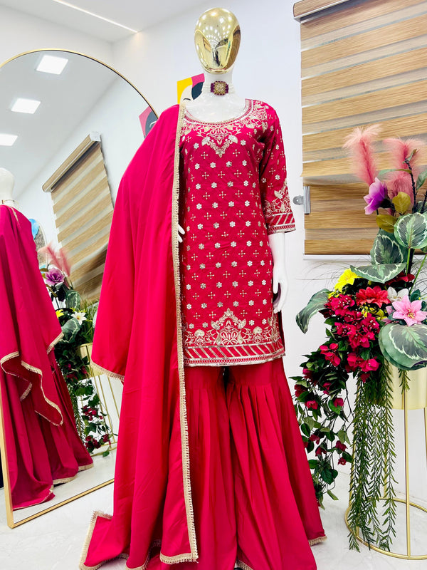 Occasion Wear Pink Color Natural Crepe Fine Embroidery With Sequin Work Beautiful Sharara Suit