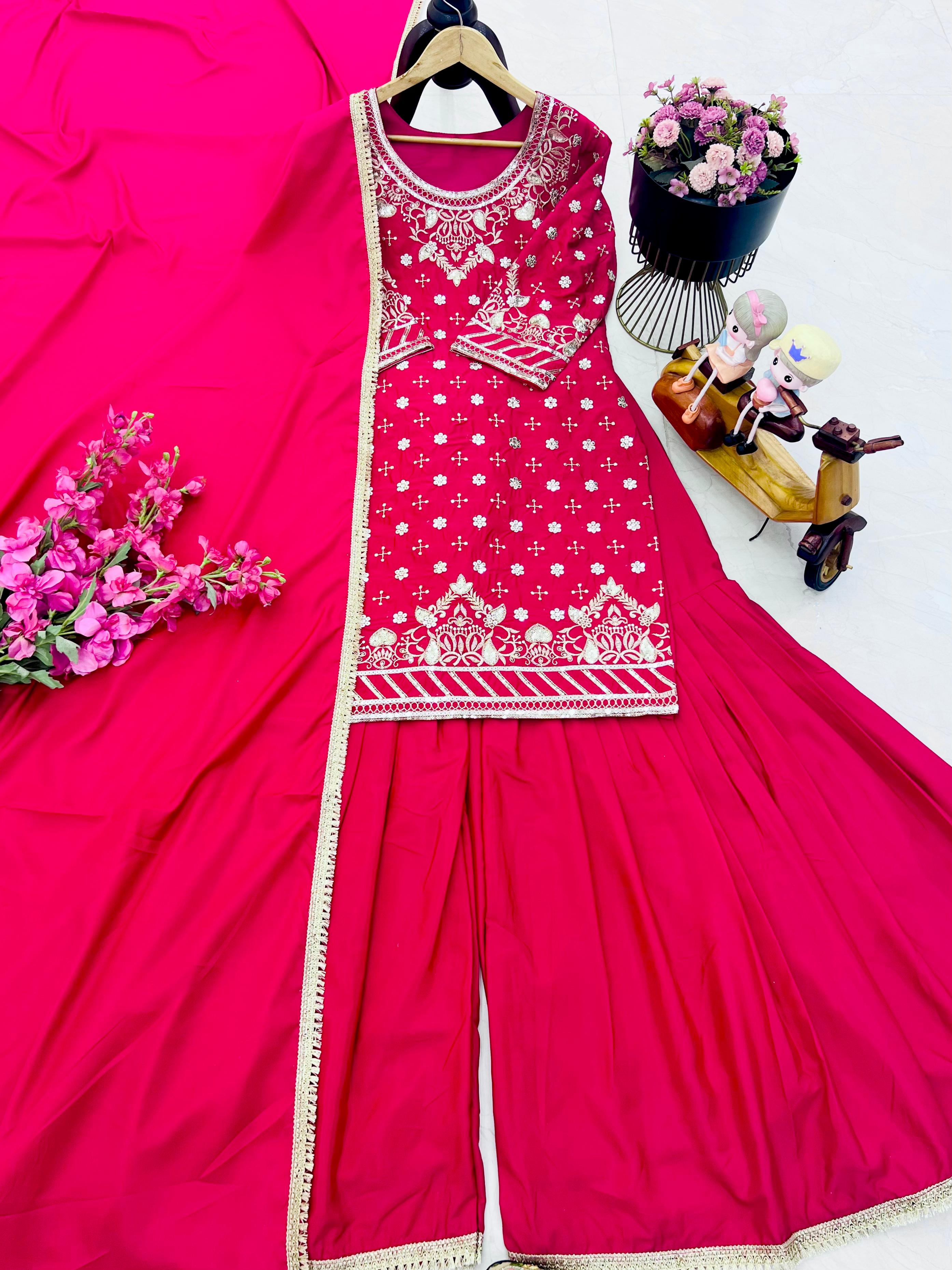 Occasion Wear Pink Color Natural Crepe Fine Embroidery With Sequin Work Beautiful Sharara Suit