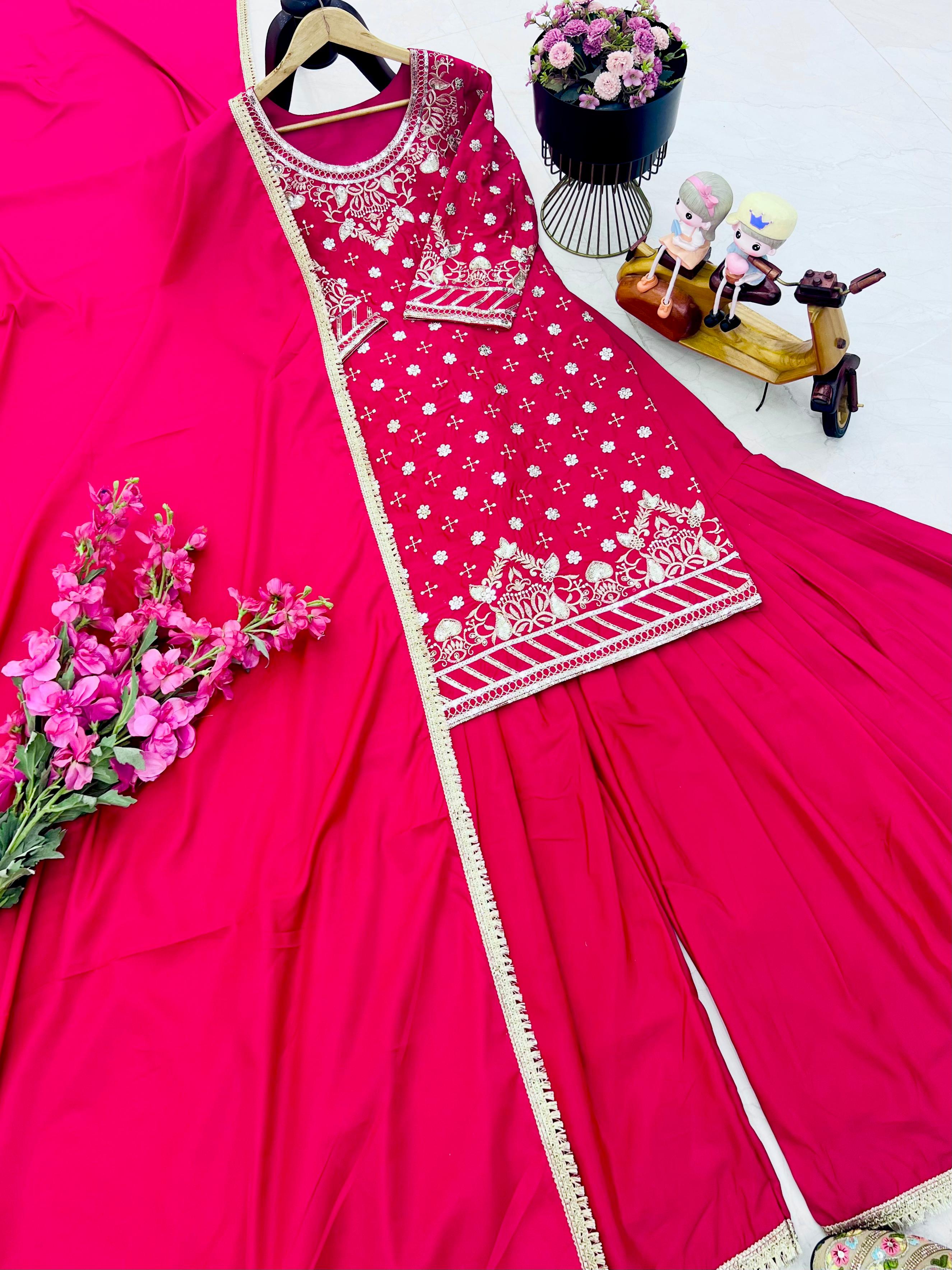 Occasion Wear Pink Color Natural Crepe Fine Embroidery With Sequin Work Beautiful Sharara Suit