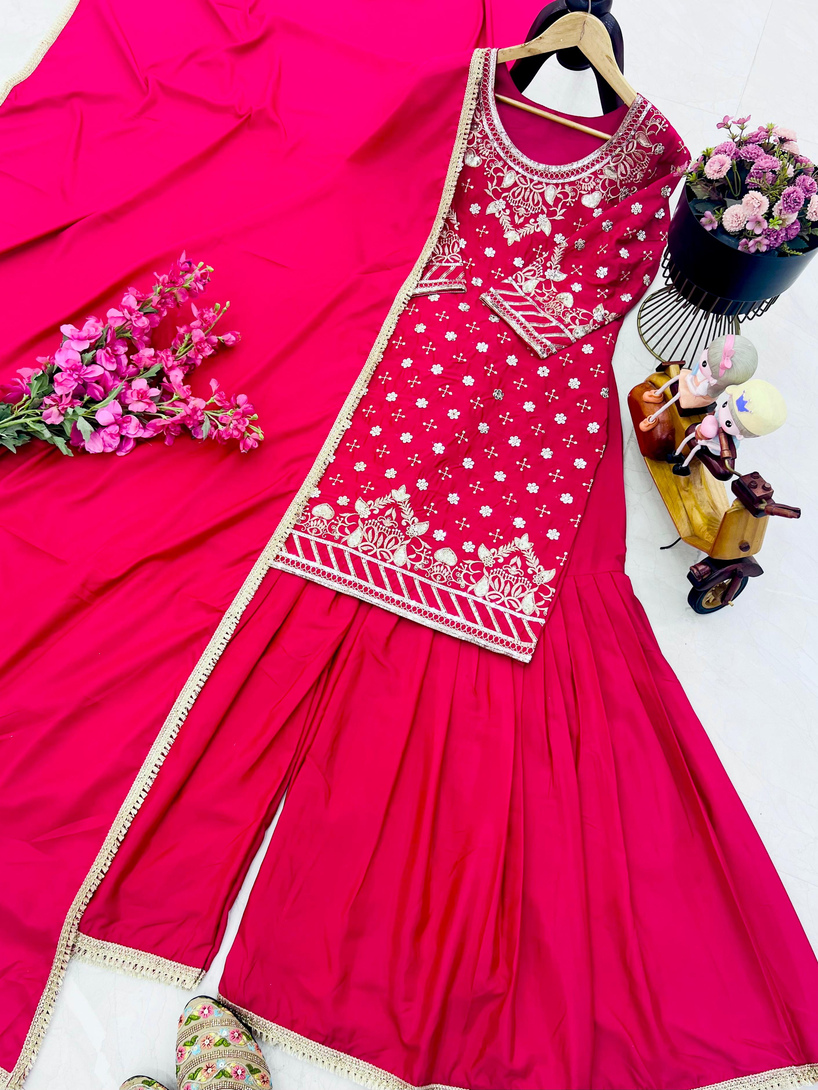 Occasion Wear Pink Color Natural Crepe Fine Embroidery With Sequin Work Beautiful Sharara Suit