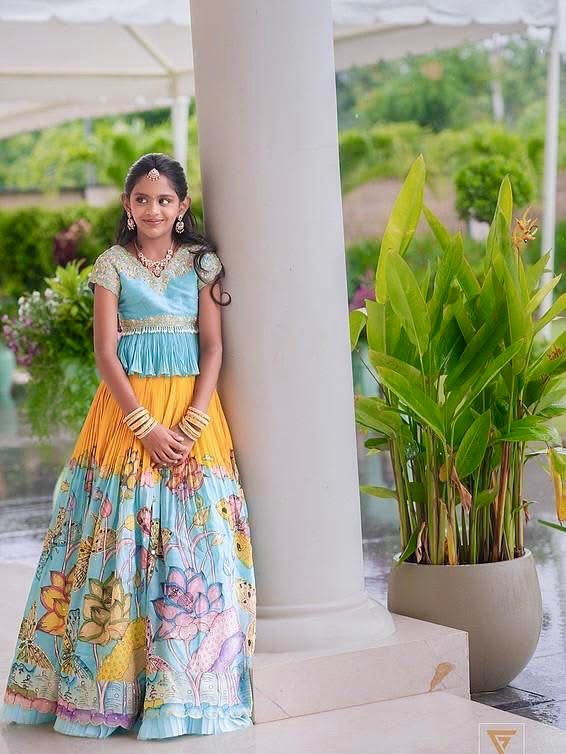 Beautiful Sky Blue Color Designer Kediya Style Kids Lehenga Choli