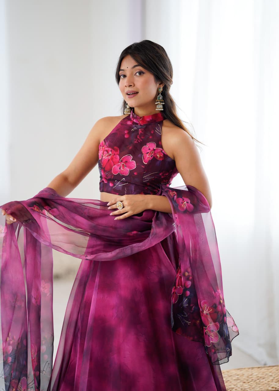 Arti Chauhan's Magenta Color Digital Print With Jari Work Lehenga Set