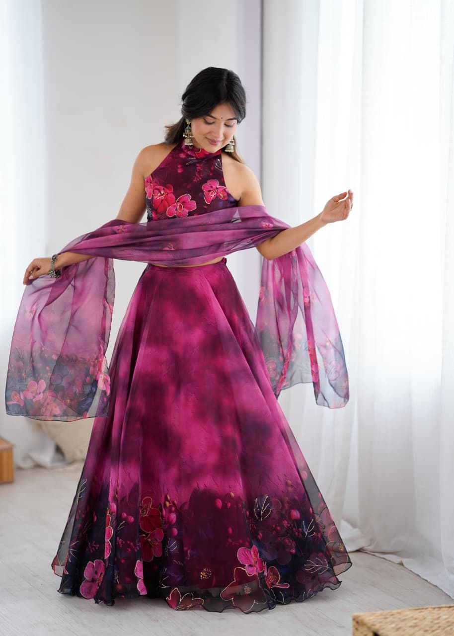 Arti Chauhan's Magenta Color Digital Print With Jari Work Lehenga Set