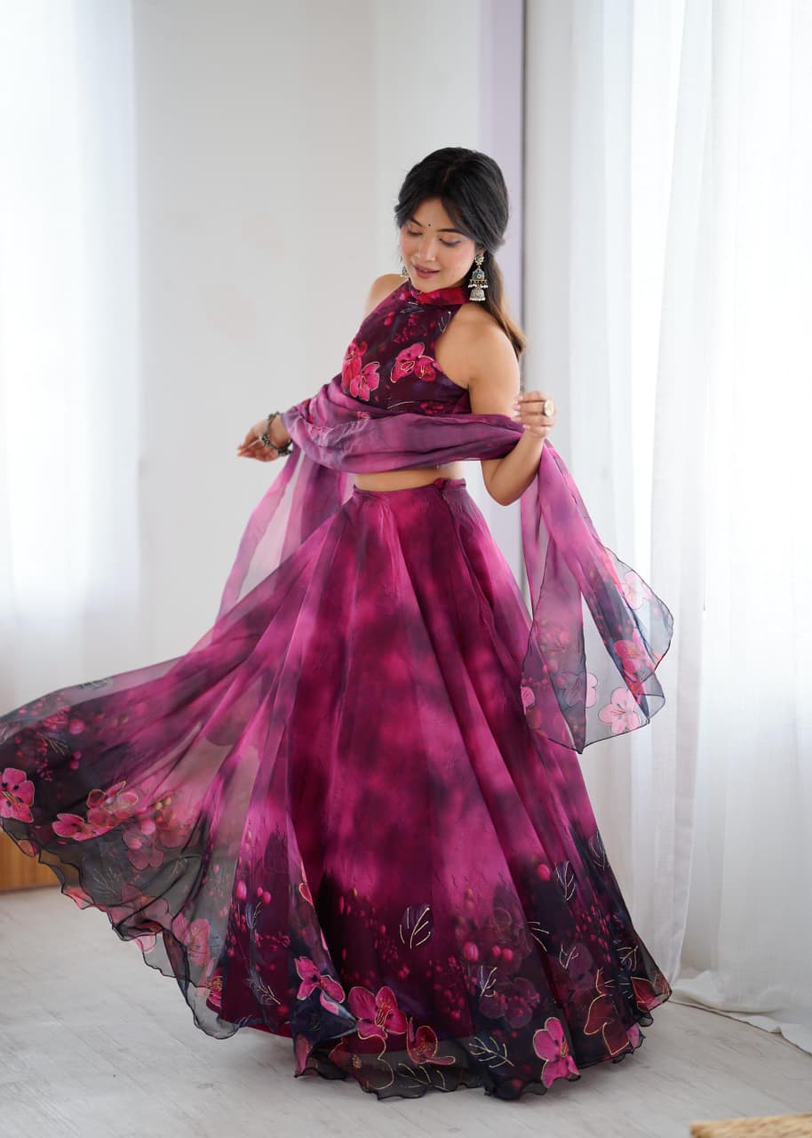 Arti Chauhan's Magenta Color Digital Print With Jari Work Lehenga Set