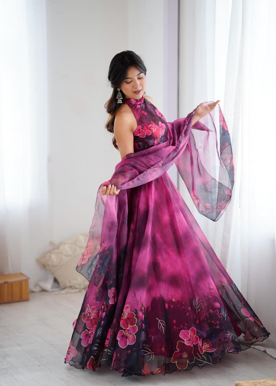 Arti Chauhan's Magenta Color Digital Print With Jari Work Lehenga Set
