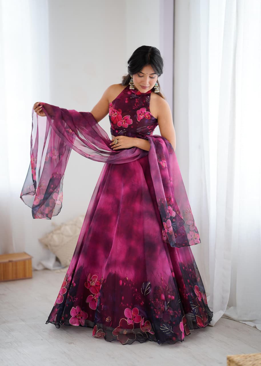 Arti Chauhan's Magenta Color Digital Print With Jari Work Lehenga Set