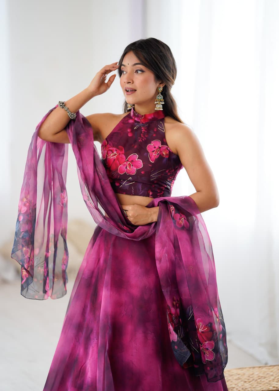 Arti Chauhan's Magenta Color Digital Print With Jari Work Lehenga Set