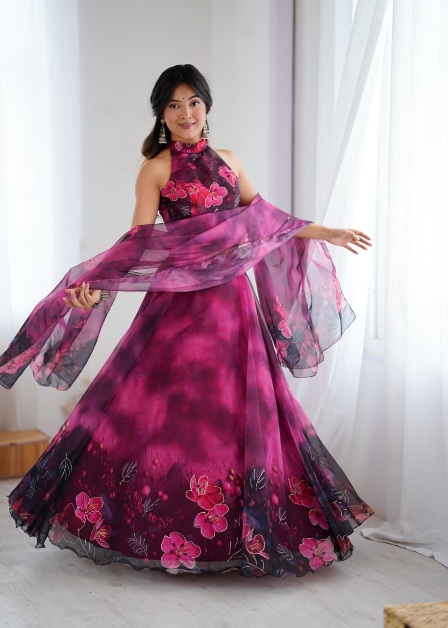 Arti Chauhan's Magenta Color Digital Print With Jari Work Lehenga Set
