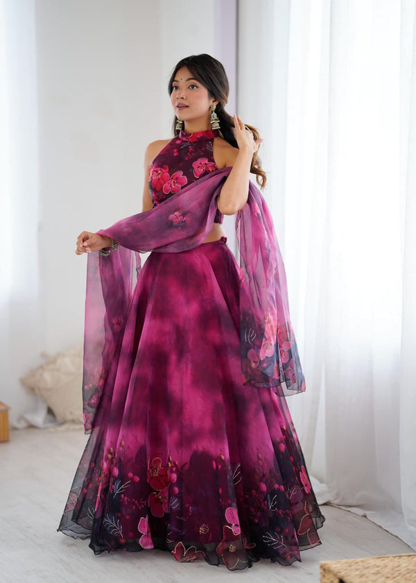 Arti Chauhan's Magenta Color Digital Print With Jari Work Lehenga Set