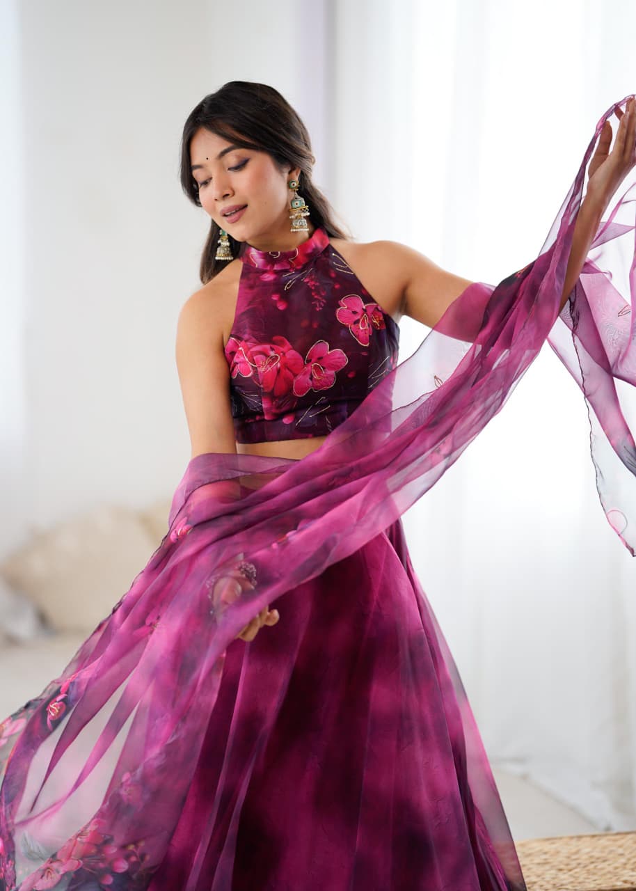 Arti Chauhan's Magenta Color Digital Print With Jari Work Lehenga Set