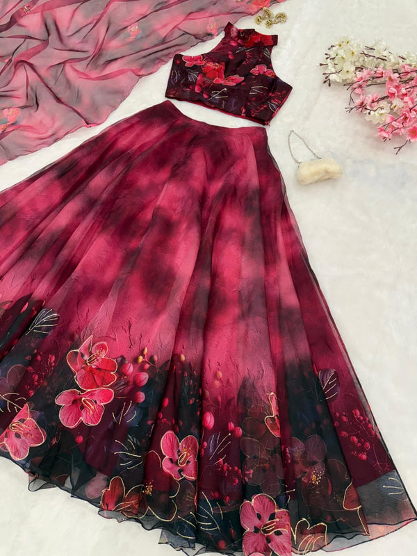 Party Wear Magenta Color Digital Print With Jari Work Lehenga Set