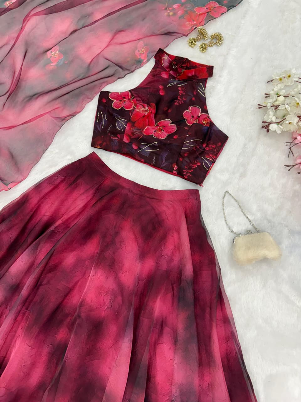 Party Wear Magenta Color Digital Print With Jari Work Lehenga Set