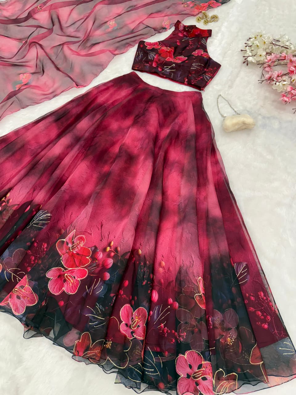 Party Wear Magenta Color Digital Print With Jari Work Lehenga Set