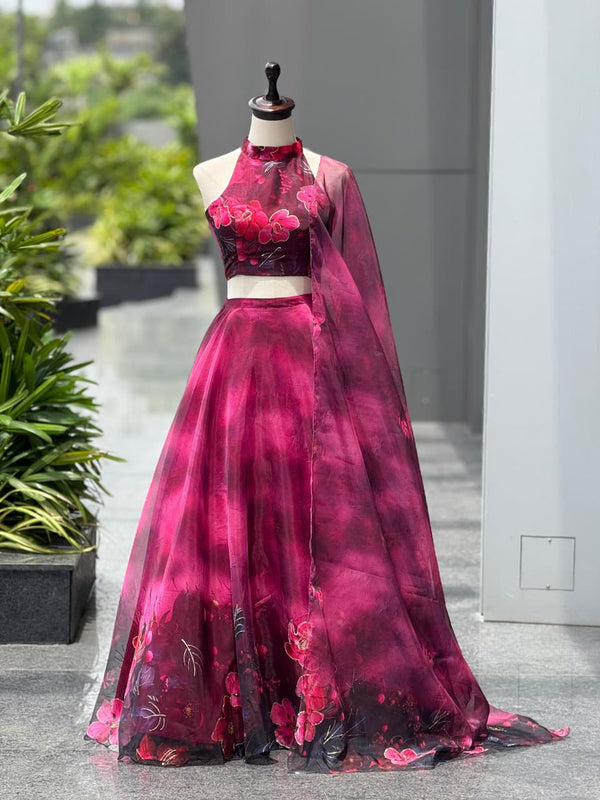 Wedding Wear Magenta Color Digital Print With Jari Work Lehenga Set