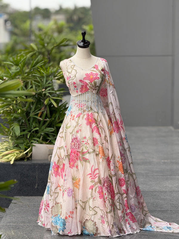 Gorgeous Cream Color Jimmy Organza Lehenga Set