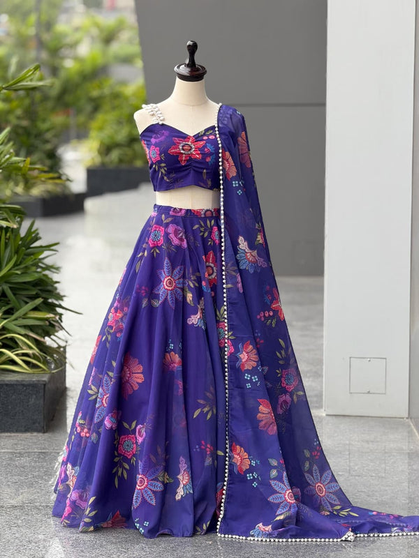 Party Wear Blue Color Organza Silk Digital Printed Lehenga Set