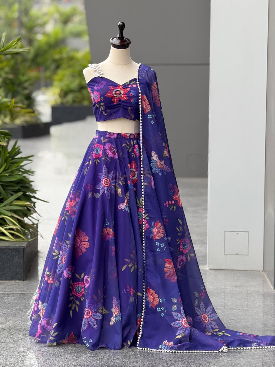 Party Wear Blue Color Organza Silk Digital Printed Lehenga Set