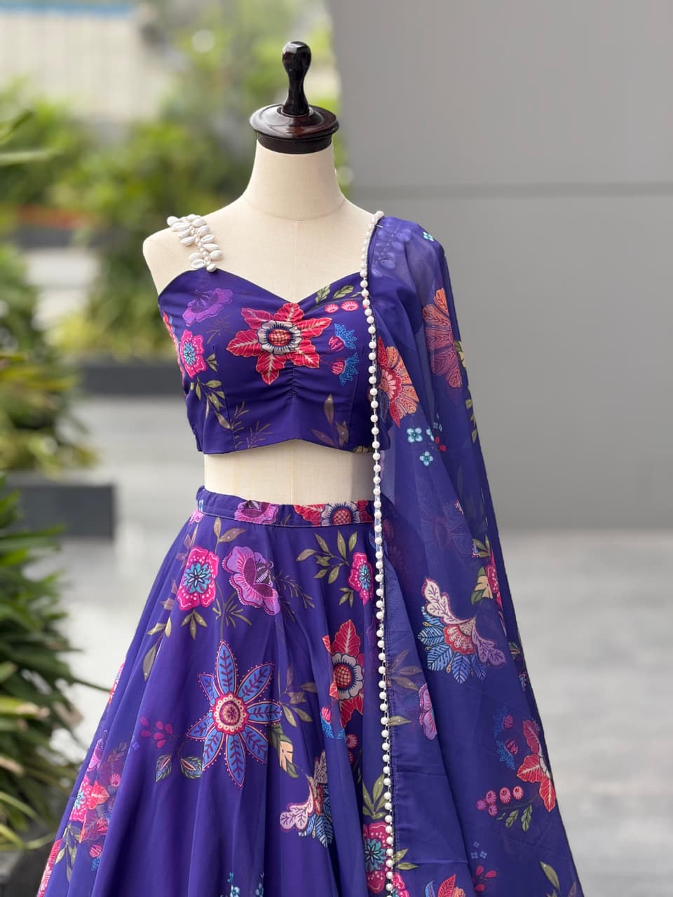 Party Wear Blue Color Organza Silk Digital Printed Lehenga Set