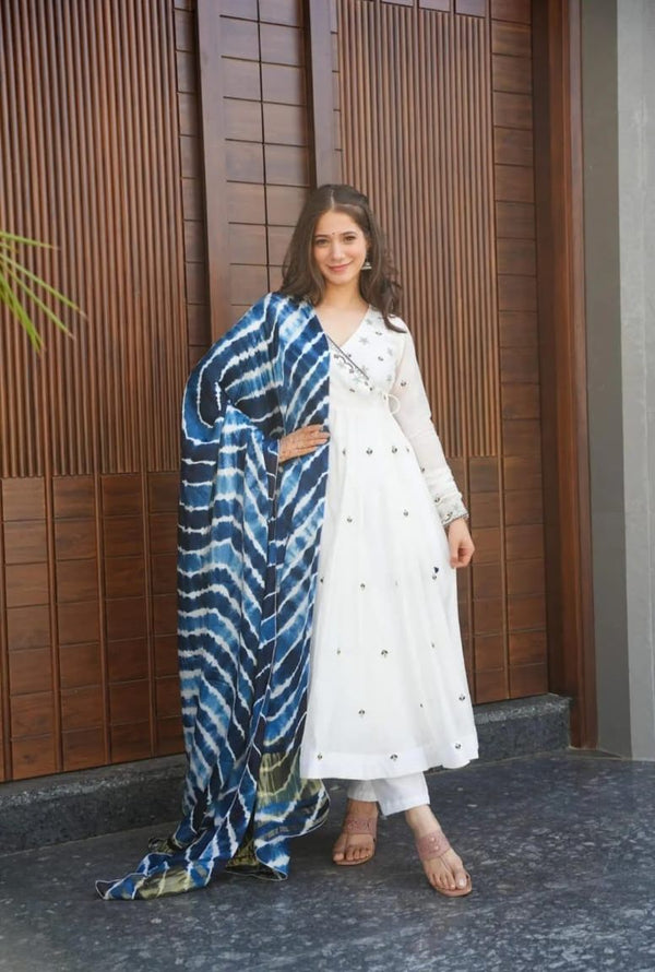 Opulent White Color Gown With Blue Dupatta