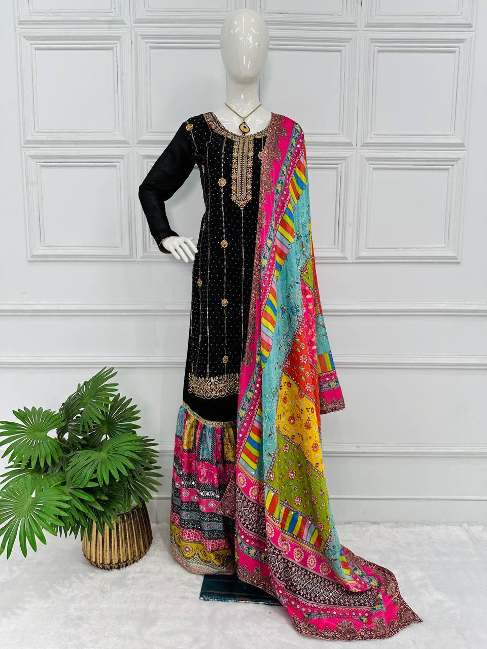 Black Color Suit With Multi Work Sharara and Dupatta