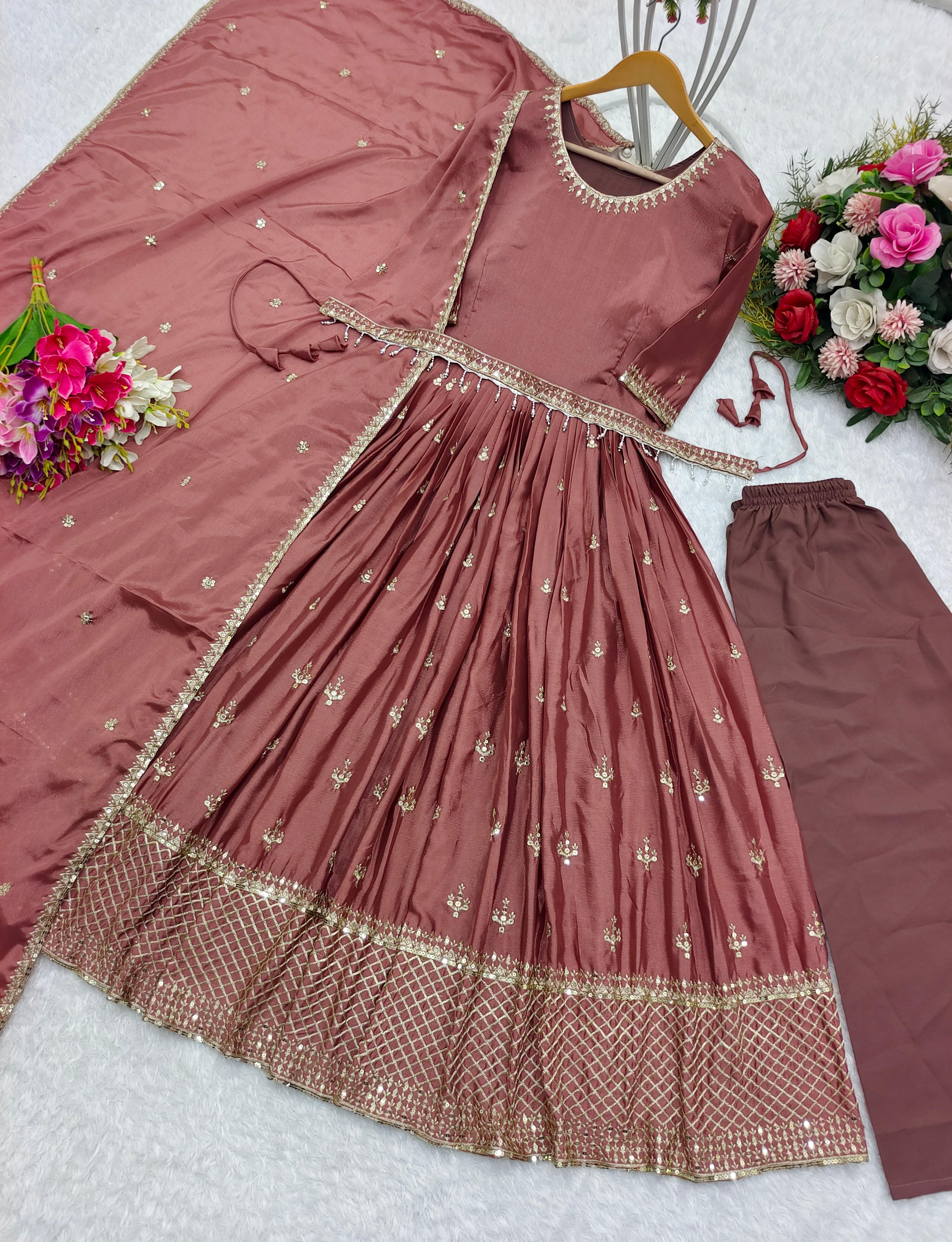 Brown Color Embroidery Work Anarkali Gown