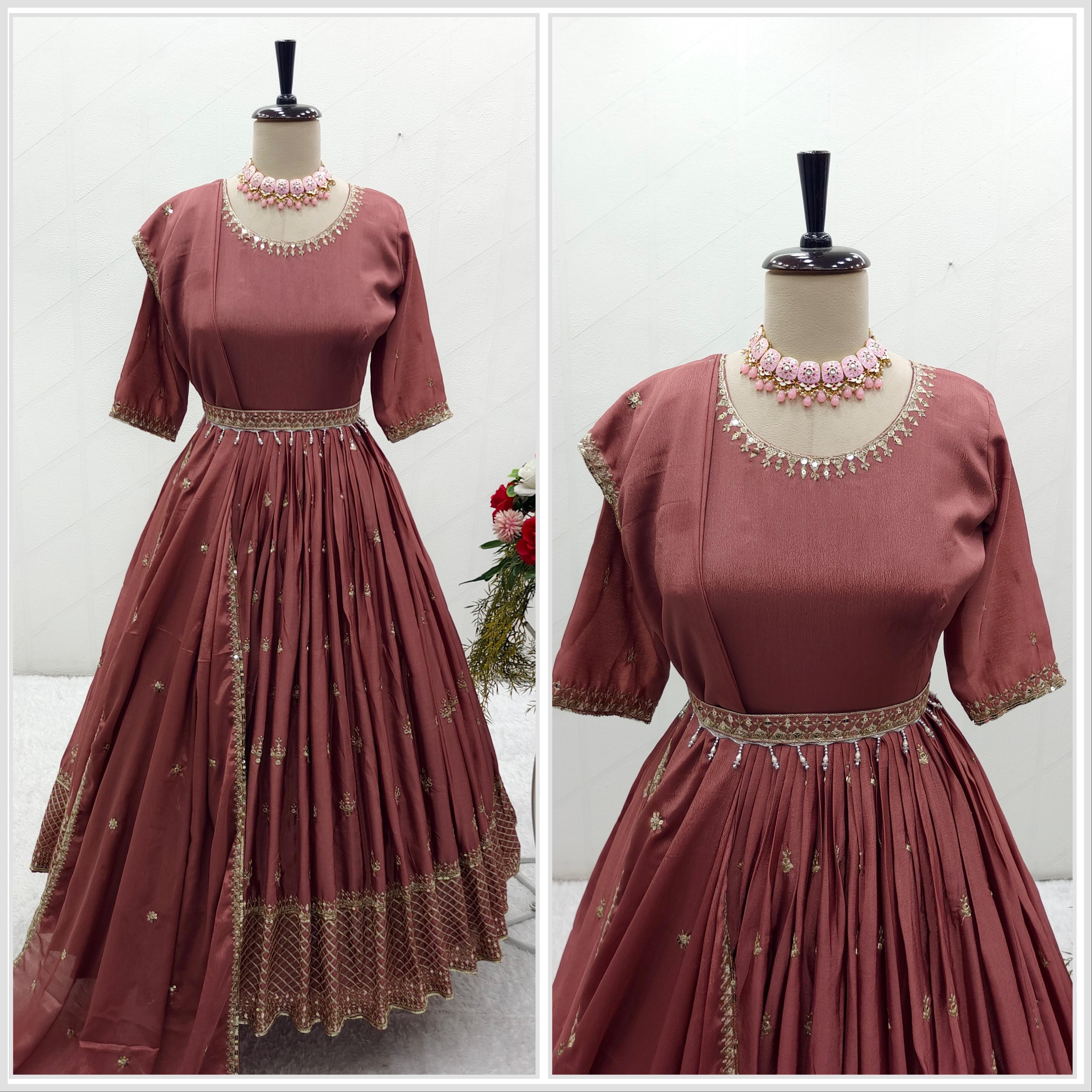 Brown Color Embroidery Work Anarkali Gown