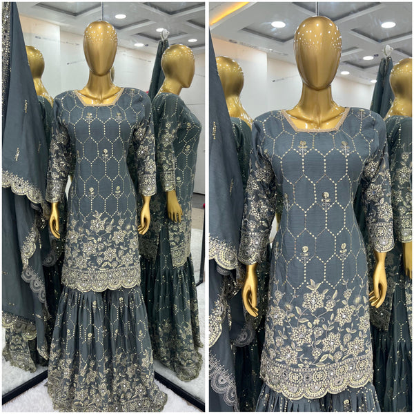 Stylish Grey Color Embroidery Mirror Work Sharara Suit
