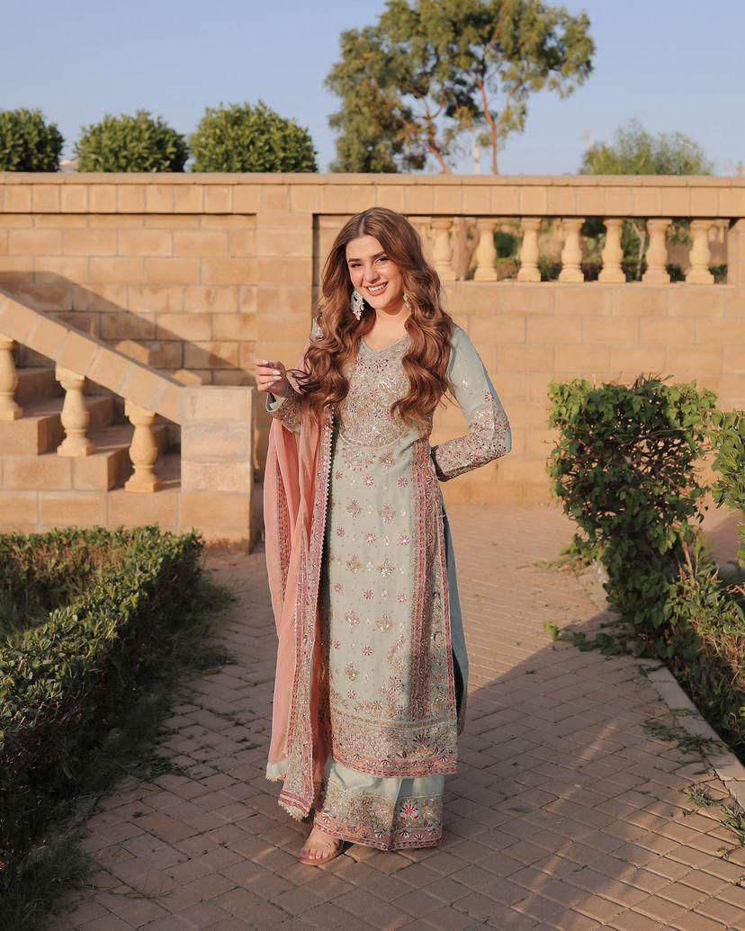 Designer Shriyanshi Sky Blue Embroidered Kurti Sharara Set
