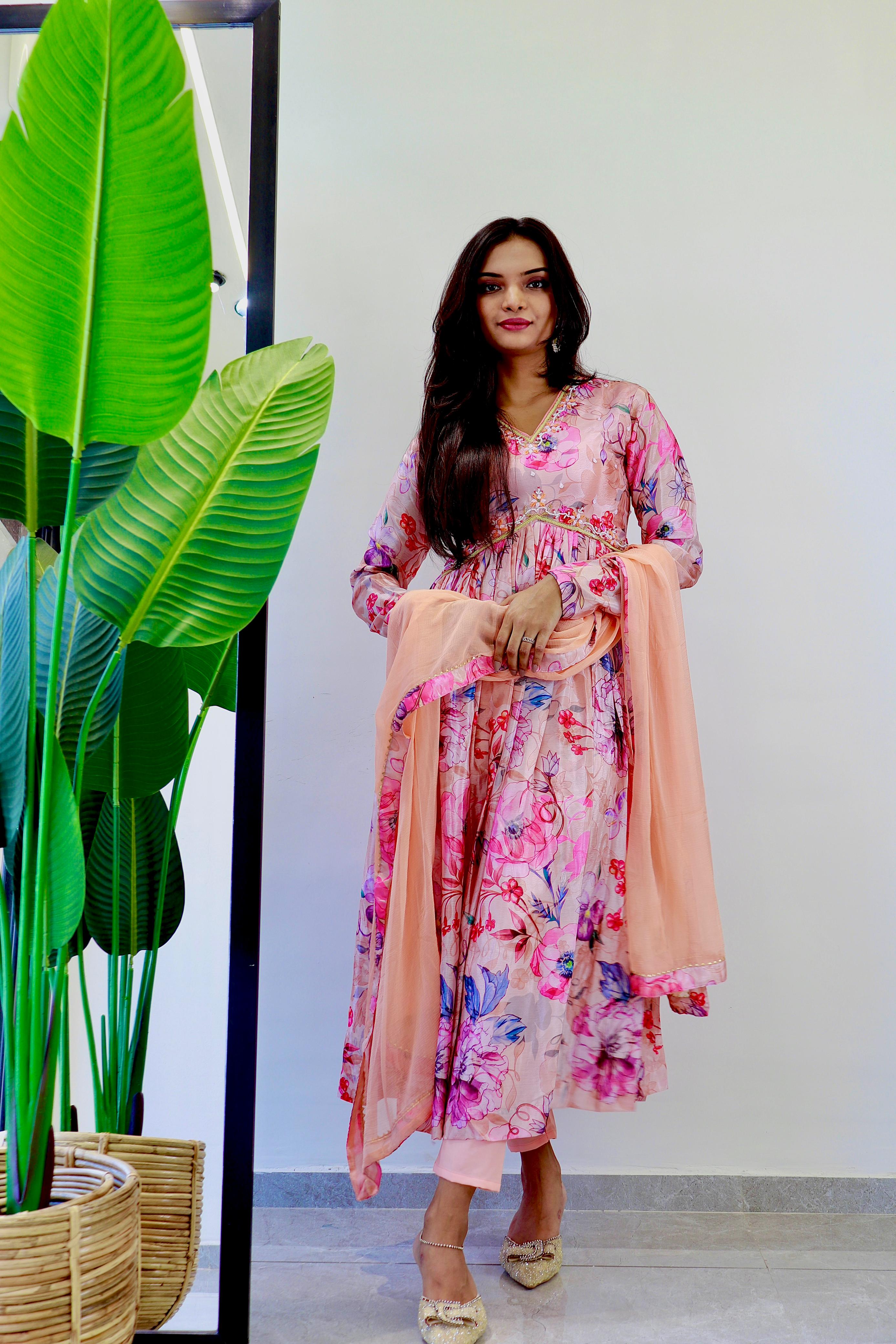 Attractive Chinon Digital Printed Alia Cut Top With Bottom With Dupatta Baby Pink Anarkali Suit