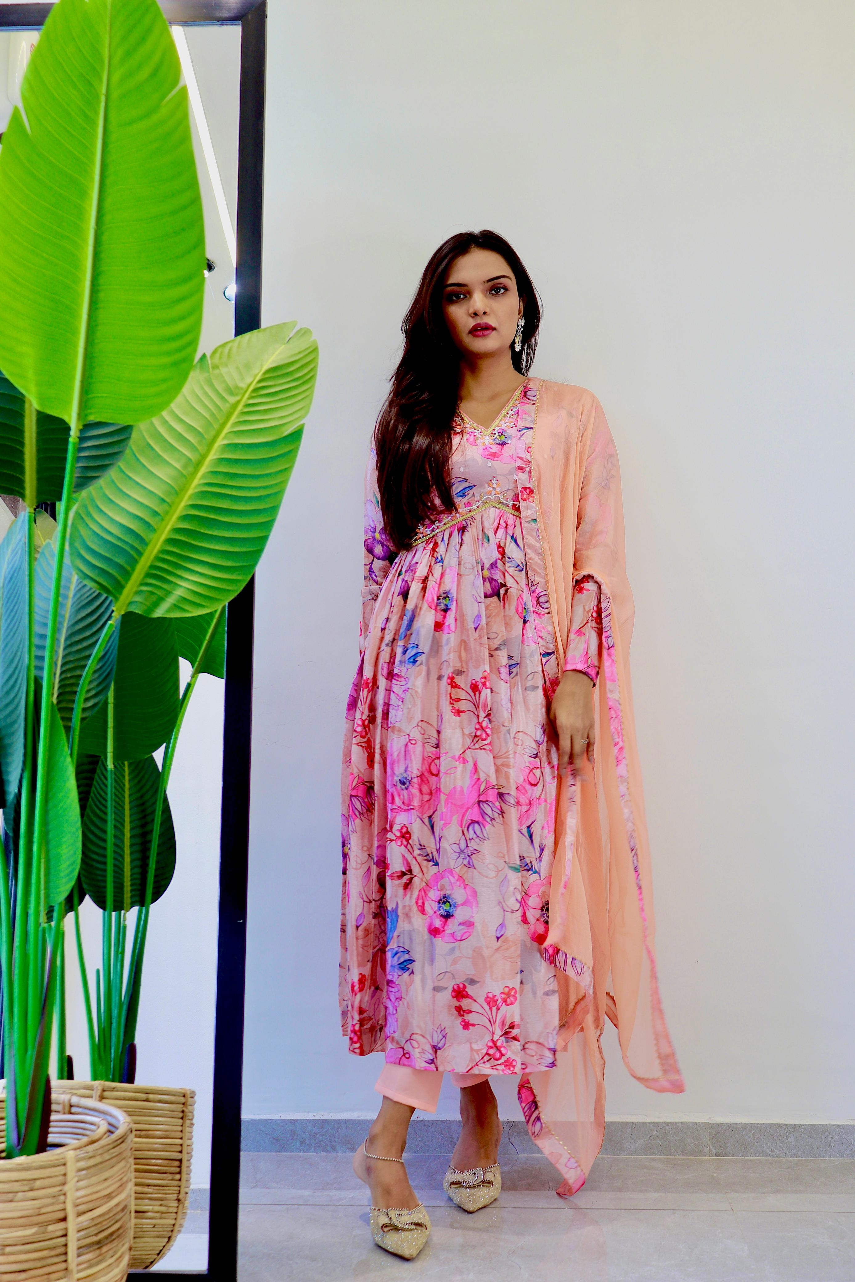 Attractive Chinon Digital Printed Alia Cut Top With Bottom With Dupatta Baby Pink Anarkali Suit